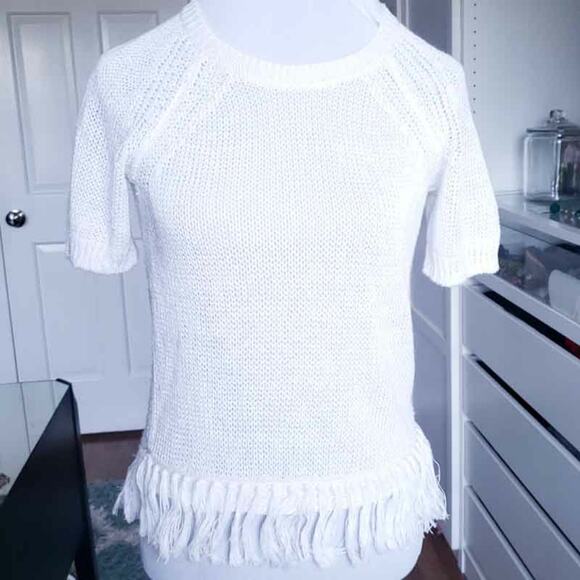 J. Crew 100% Linen Open Knit Sweater, Fringe Bottom, White XXS, Short Sleeve - Picture 2 of 10